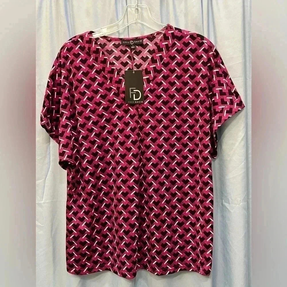 Fred David Women's Purple Geometric V-Neck Short Sleeve Blouse Size S